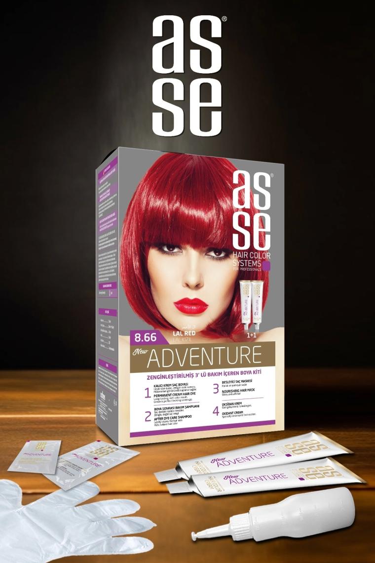 Asse Adventure Set Saç Boyası, Kalıcı ve Canlı Renkler 1+1 İki Kullanım Seti (No:8.66 Lal Kızıl)