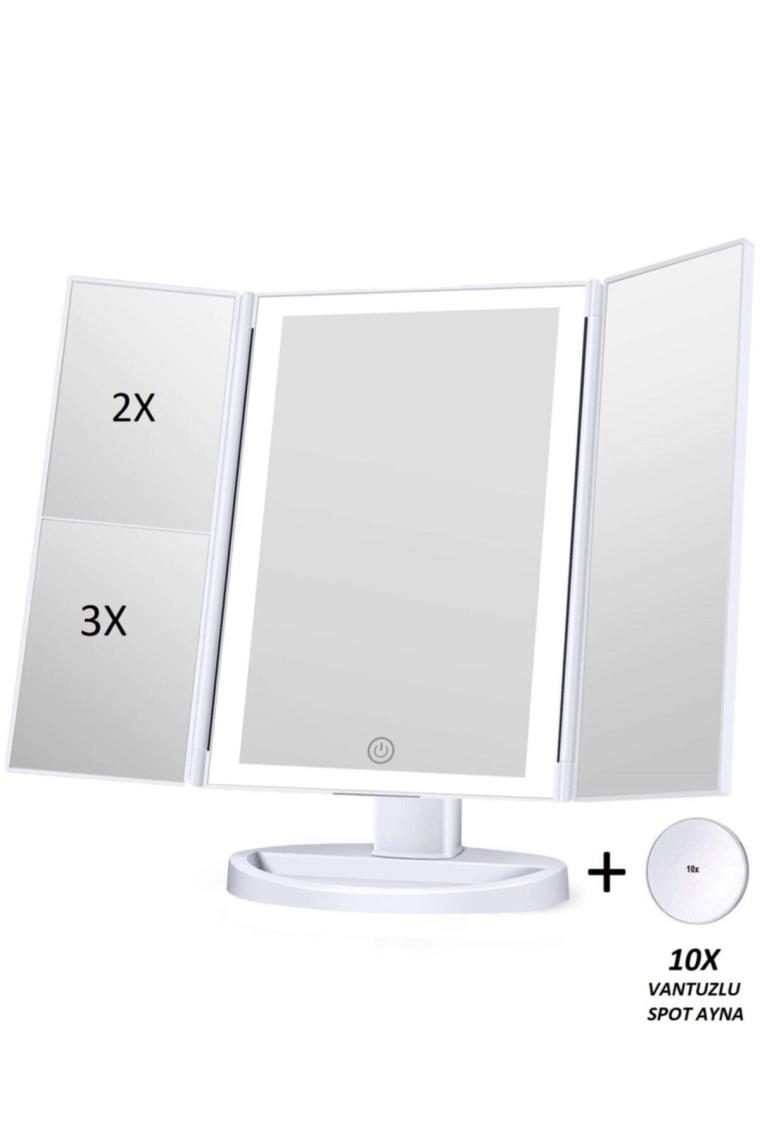 1X-2X-3X+10X HD ZOOM 37 Şerit LED Işıklı Makyaj Aynası, 3 Panel, Katlanabilir Beyaz