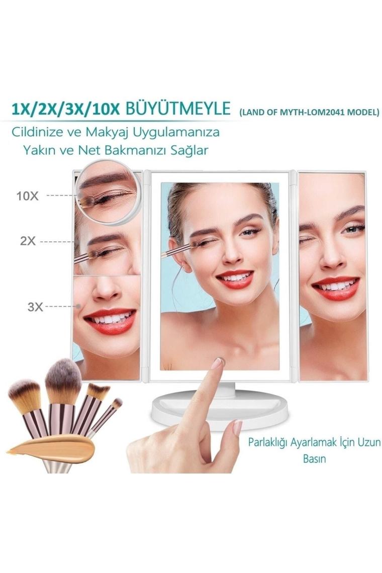 1X-2X-3X+10X HD ZOOM 37 Şerit LED Işıklı Makyaj Aynası, 3 Panel, Katlanabilir Beyaz