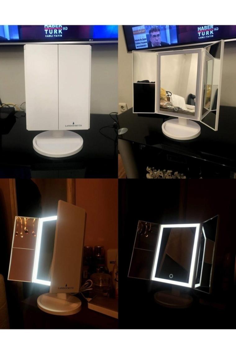 1X-2X-3X+10X HD ZOOM 37 Şerit LED Işıklı Makyaj Aynası, 3 Panel, Katlanabilir Beyaz