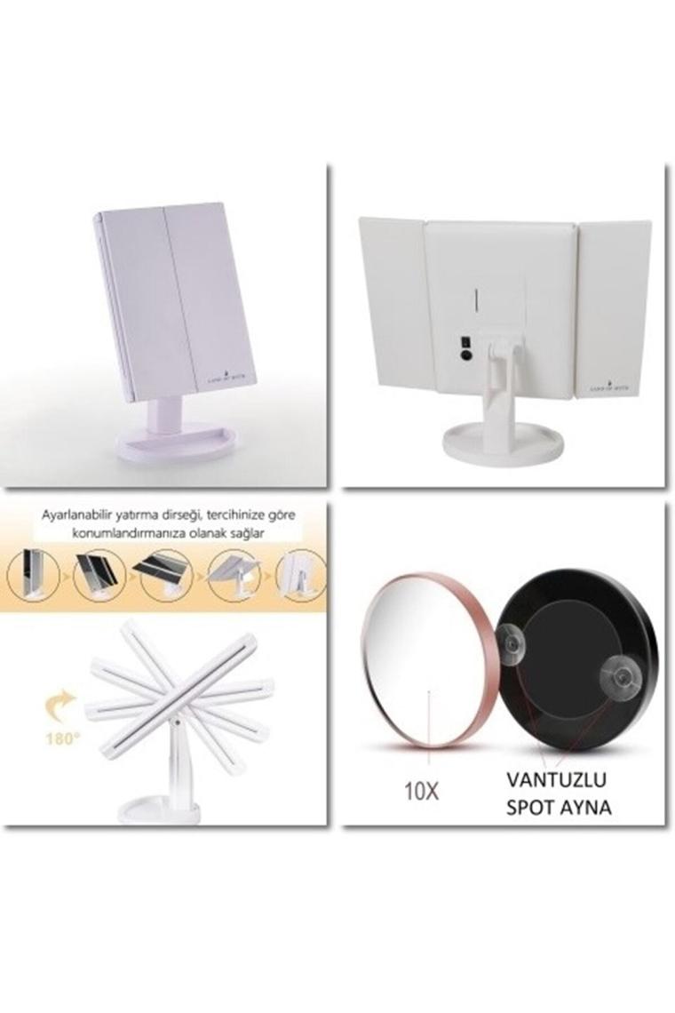 1X-2X-3X+10X HD ZOOM 37 Şerit LED Işıklı Makyaj Aynası, 3 Panel, Katlanabilir Beyaz