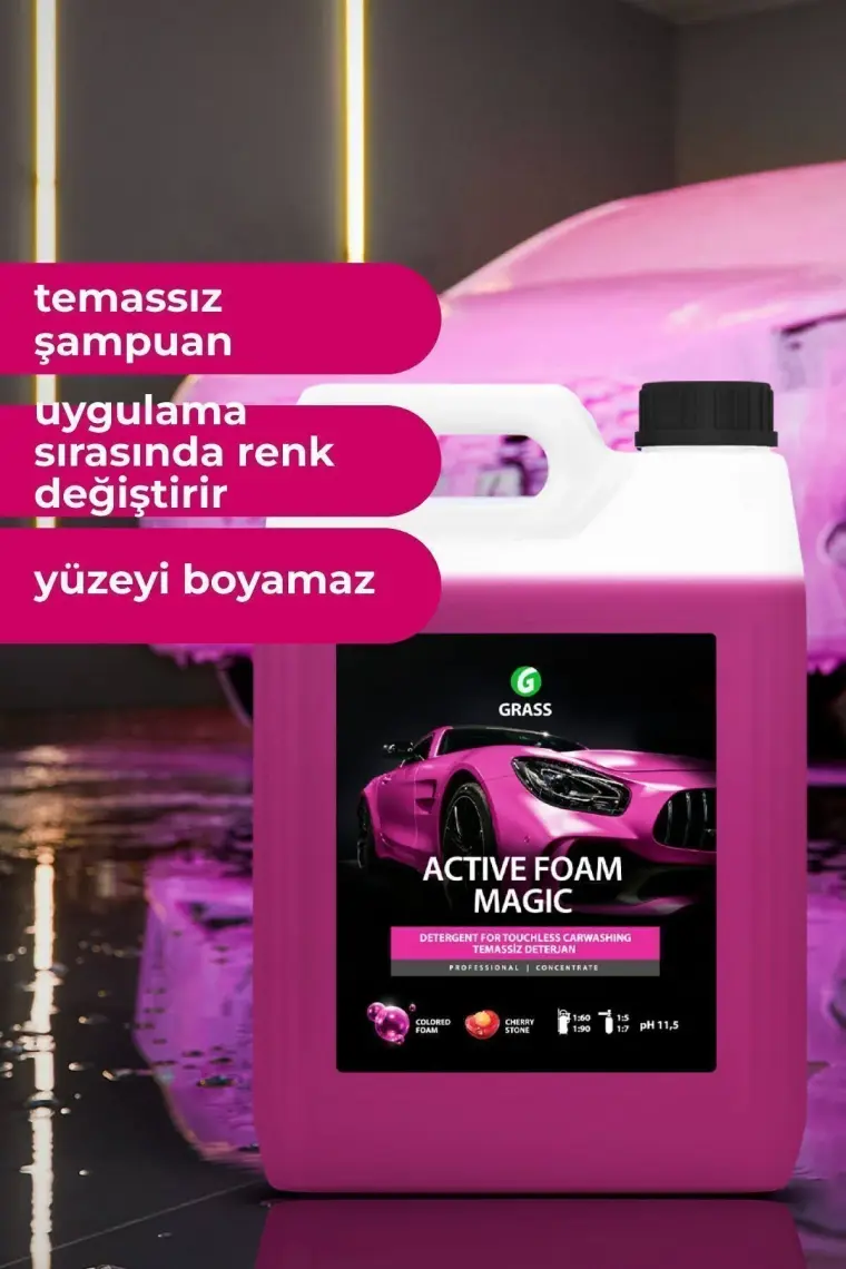 Grass Active Foam Magic 5L - Araba Şampuanı Hızlı Köpüren Renk Değiştiren Fırçasız Oto Yıkama Şampuanı ( Tüm Araçlar İçin, Oto Temizleyici, Köpük Şampuan )