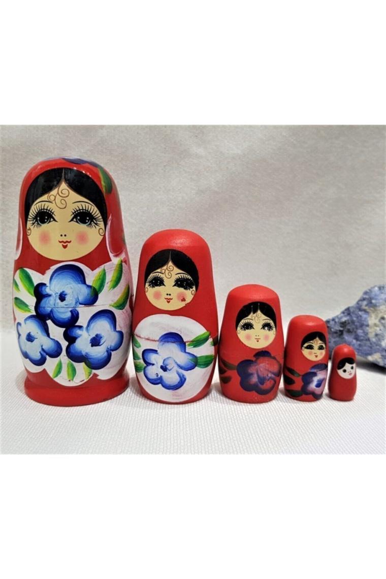 Home Dekor Hediye Sevgiliye Özel Günlere Hediye Dekoratif Süpriz  5 Li Kırmızı Iç Içe Geçen Ahşap Matruşka Bebek
