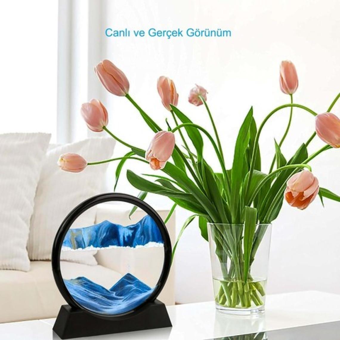 Hymark Hareketli 3D Kum Saati 30CM Büyük Boy Mavi Yuvarlak 12INCH Cam Dekoratif Sanatsal Rahatlatıcı
