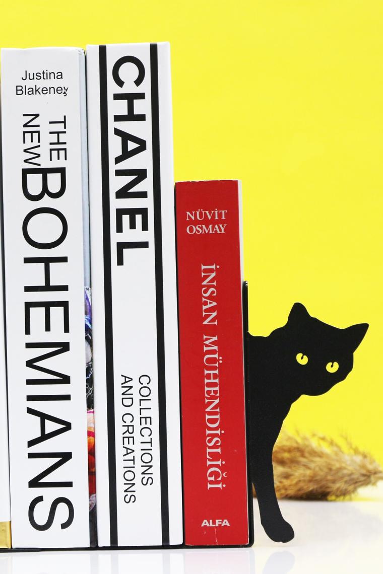 Thorqtech Kara Kedi Figürlü Dekoratif Metal Kitap Tutucu, Kitap Desteği