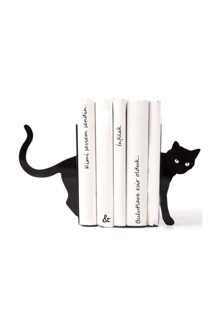 Thorqtech Kara Kedi Figürlü Dekoratif Metal Kitap Tutucu, Kitap Desteği