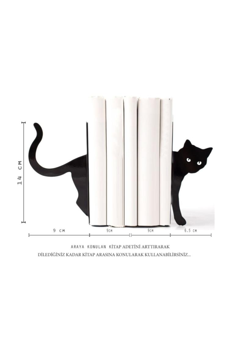 Thorqtech Kara Kedi Figürlü Dekoratif Metal Kitap Tutucu, Kitap Desteği