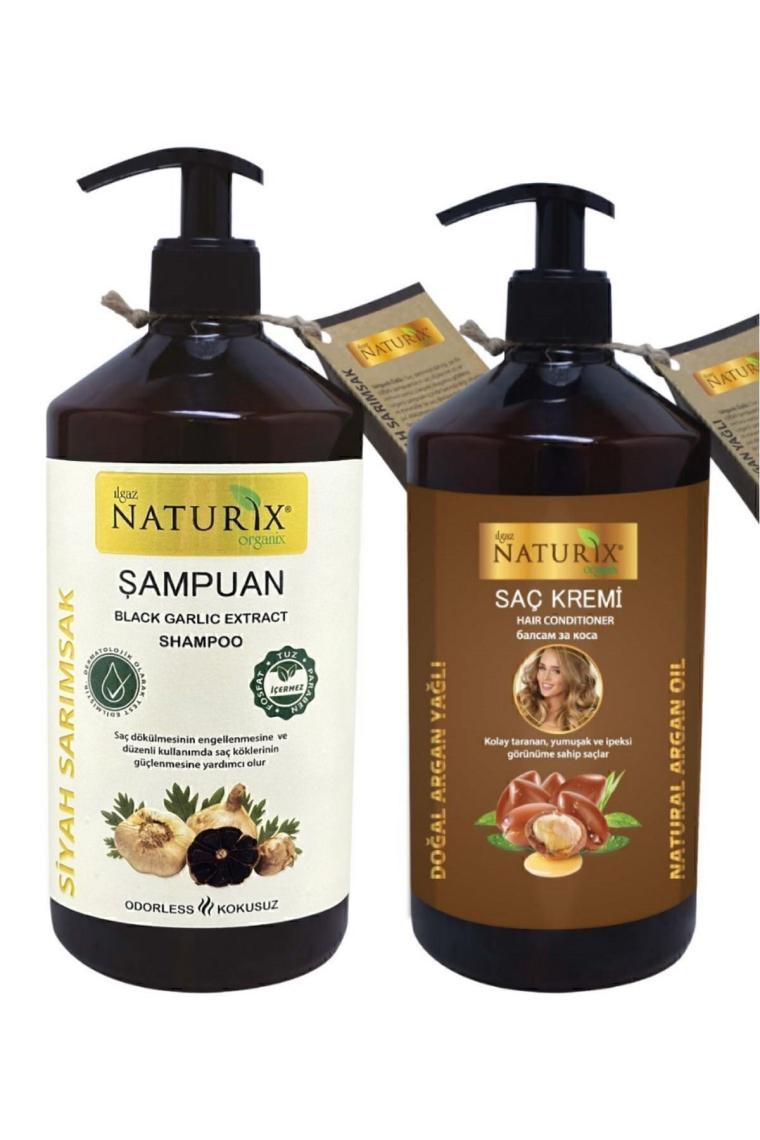 Naturix Tuzsuz Şampuan 2'li Siyah Sarımsak Özlü Şampuan 600 ml Natural Şampuan + 500 ml Doğal Keratin Bakım Saç Kremi