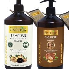 Naturix Tuzsuz Şampuan 2'li Siyah Sarımsak Özlü Şampuan 600 ml Natural Şampuan + 500 ml Doğal Keratin Bakım Saç Kremi