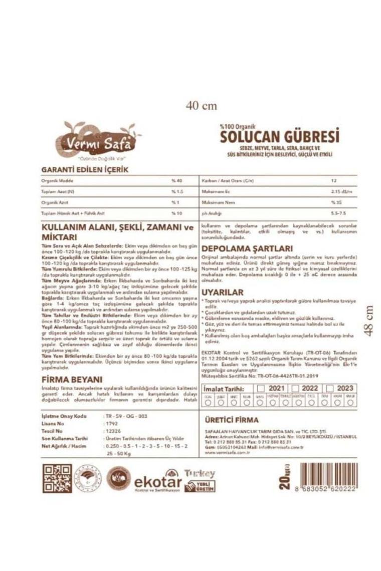 Organik Solucan Gübresi 20 Kg Tarım Bakanlığı Onaylı Tüm Bitkileriniz Için Güçlü Ve Etkili...