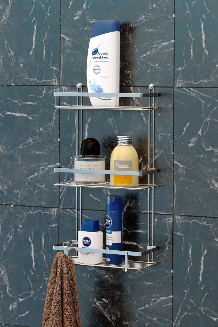 Üç Katlı Lamalı Banyo Rafı Kancalı Krom Es065h - EGC-97