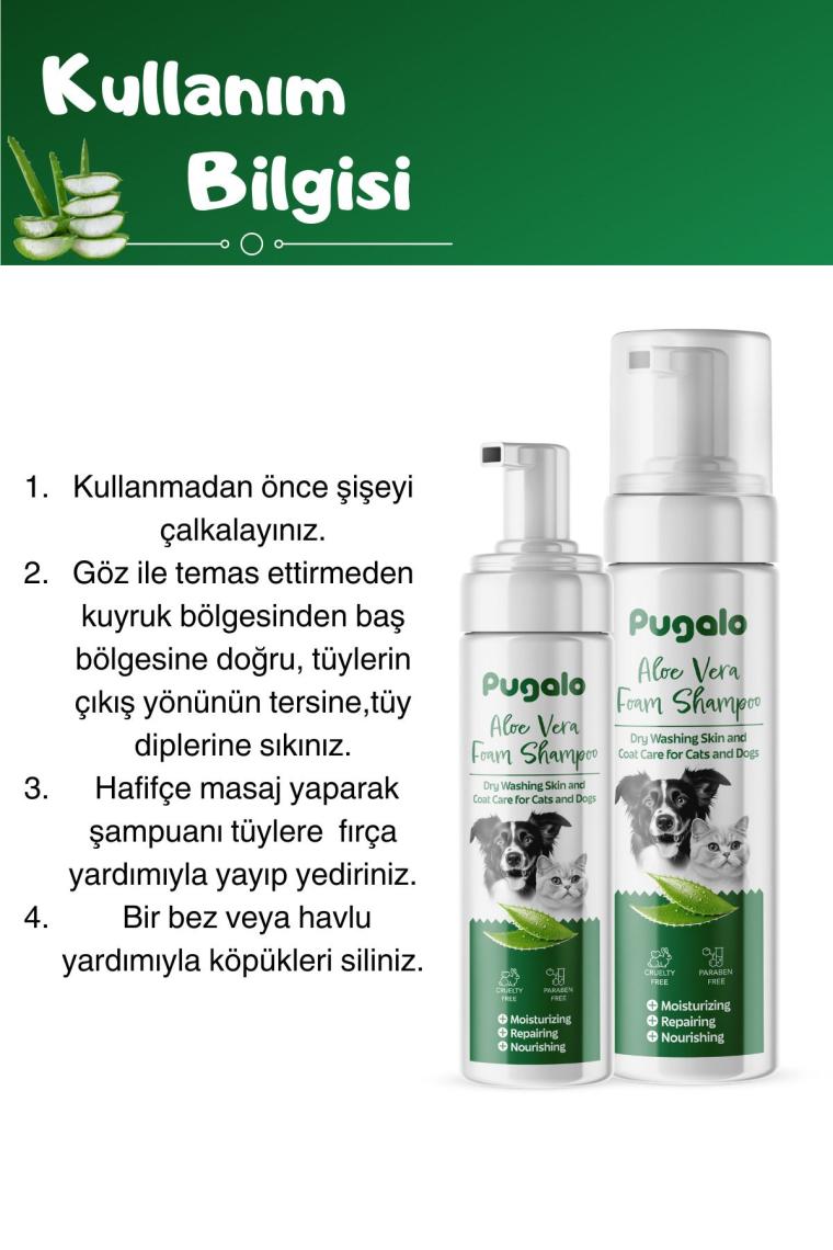 PUGALO Köpük Şampuan Kedi Tüy Dökülmesi Karşıtı Doğal İçerikli Aloe Veralı Kuru Köpük Şampuan