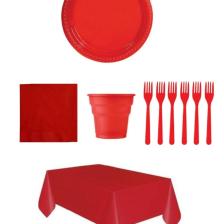 Kırmızı Renk Plastik Tabak, Bardak, Çatal, Peçete Ve Tek Kullanımlık Masa Örtüsü Seti