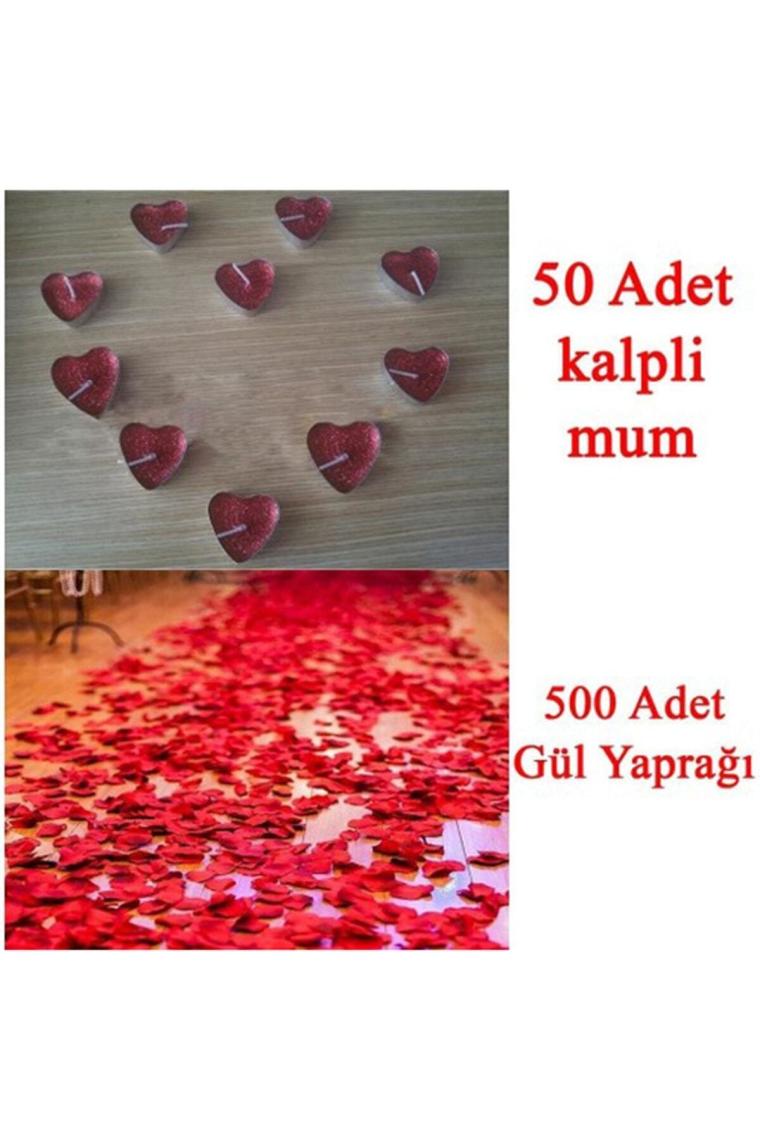50 Mum + 500 Kumaş Gül Yaprağı Kalpli Mum ve Yapay Gül Yaprakları