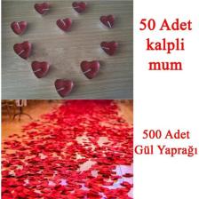 50 Mum + 500 Kumaş Gül Yaprağı Kalpli Mum ve Yapay Gül Yaprakları