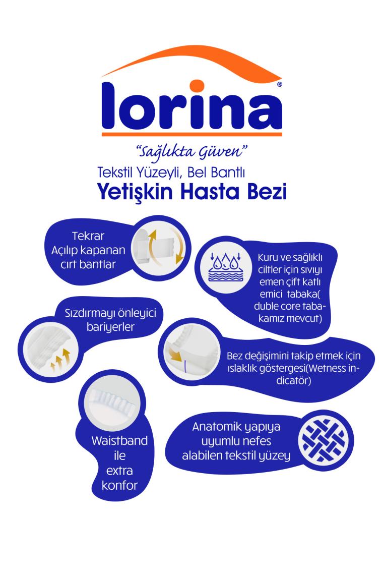 Tekstil Yüzeyli Bel Bantlı Yetişkin Hasta Bezi Large 30'lu 4 Paket 120 Adet