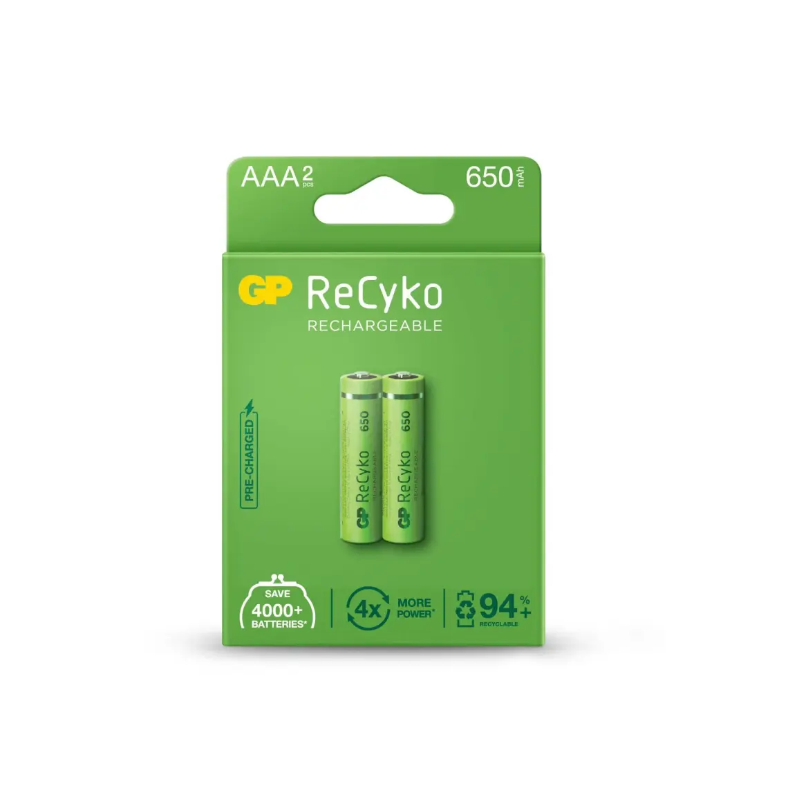 GP Recyko 650 mAh 1.2V AAA Boy NiMH İnce Şarjlı Pil 2'li Kart