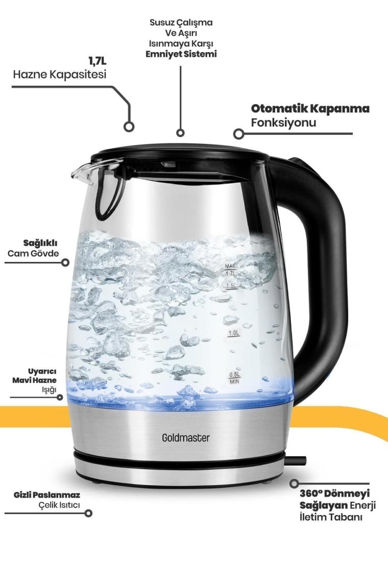Aquarıne 1.7 Lt Işıklı Cam Kettle Su Isıtıcı