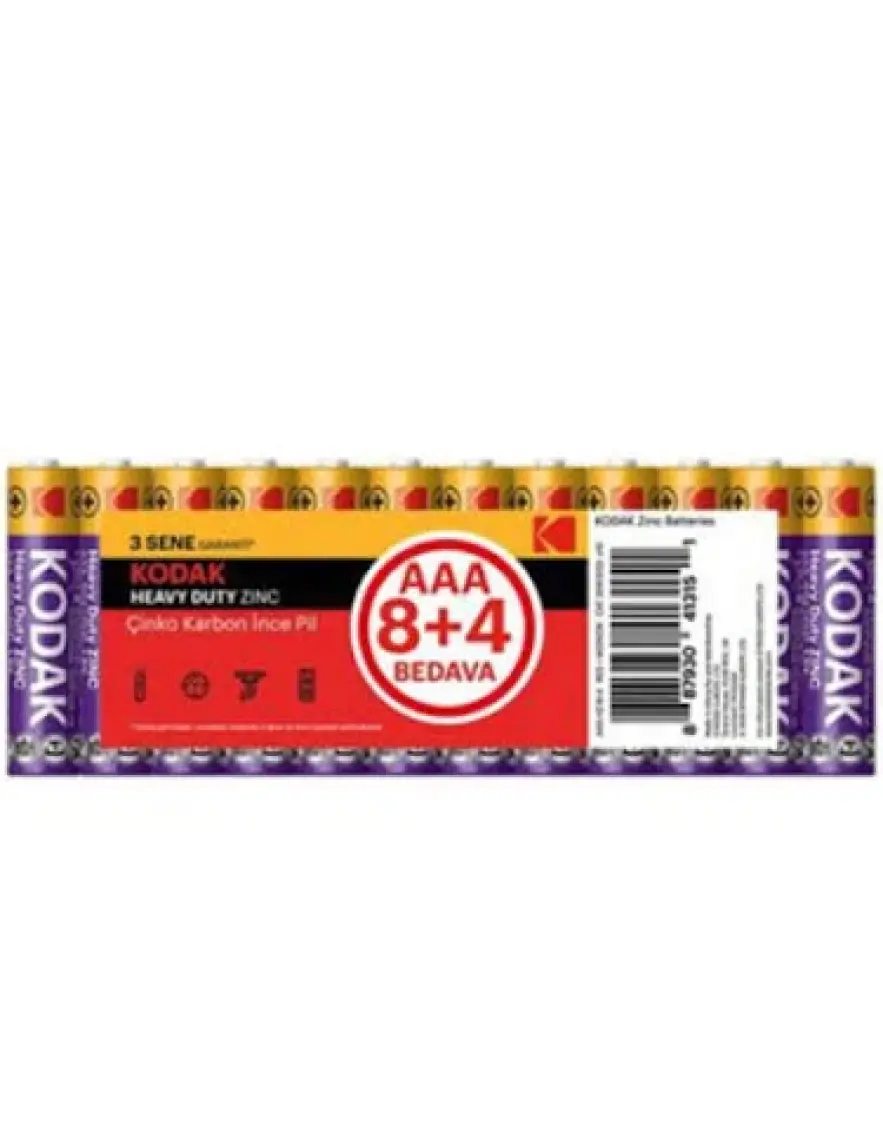 Kodak Blisterli Çinko Karbon Kalem Pil ( 8+4 Hediye ) - 12'li Paket