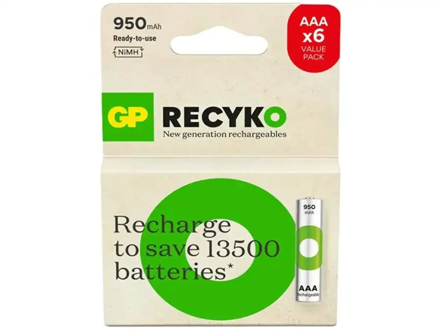 GP Recyko 950 mAh 1.2V AAA Boy NiMH İnce Şarjlı Pil 6'lı Kart