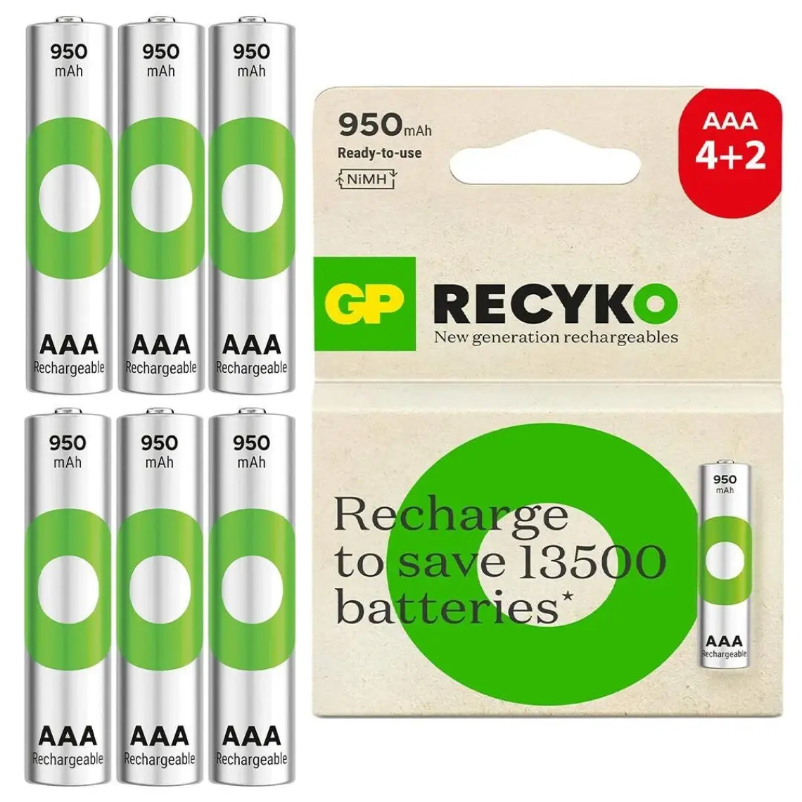 GP Recyko 950 mAh 1.2V AAA Boy NiMH İnce Şarjlı Pil 6'lı Kart