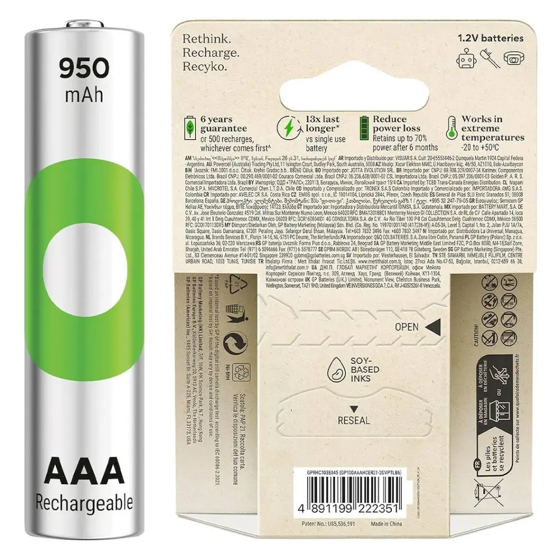 GP Recyko 950 mAh 1.2V AAA Boy NiMH İnce Şarjlı Pil 6'lı Kart