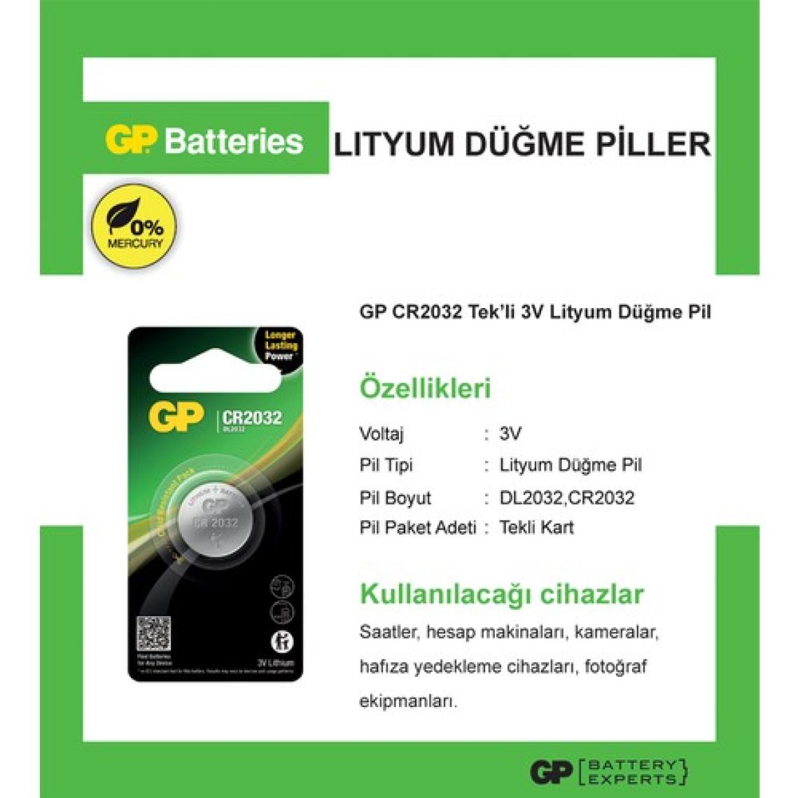 GP Tekli CR2032 3V Lityum Düğme Pil  (GPCR2032-U1)