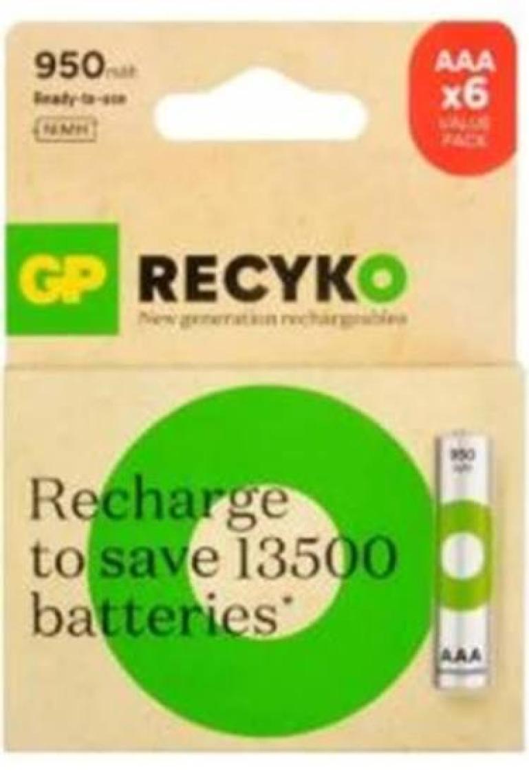 GP Recyko 950 mAh 1.2V AAA Boy NiMH İnce Şarjlı Pil 6'lı Kart