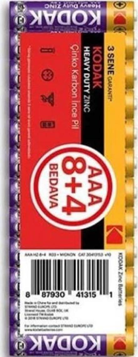 Kodak 12 Adet Çinko Karbon Shrink ince Pil AAA