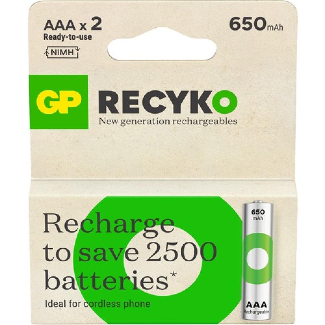GP Recyko 650 mAh 1.2V AAA Boy NiMH İnce Şarjlı Pil 2'li Kart