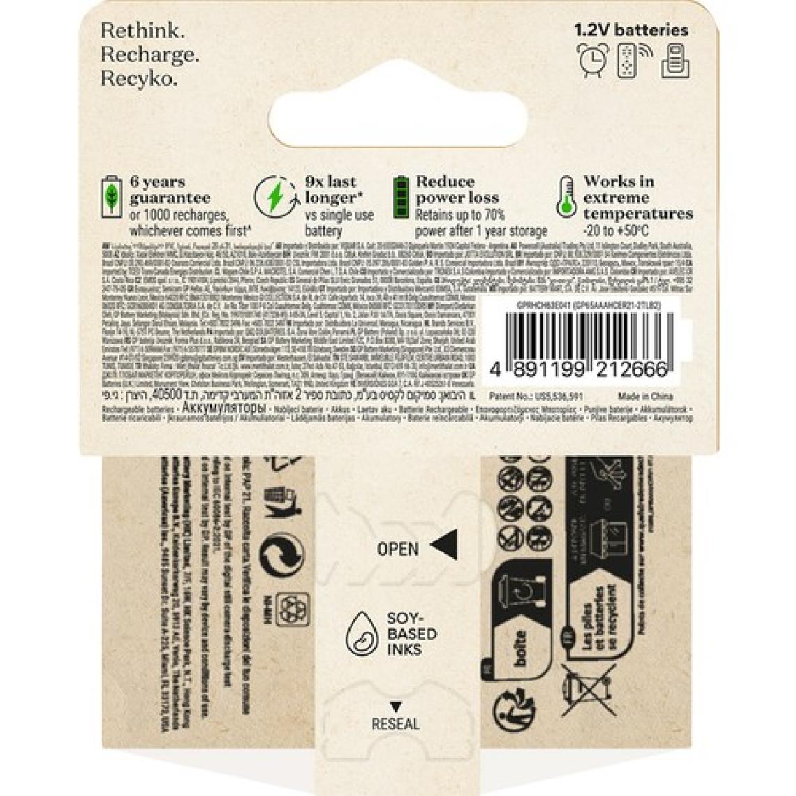 GP Recyko 650 mAh 1.2V AAA Boy NiMH İnce Şarjlı Pil 2'li Kart