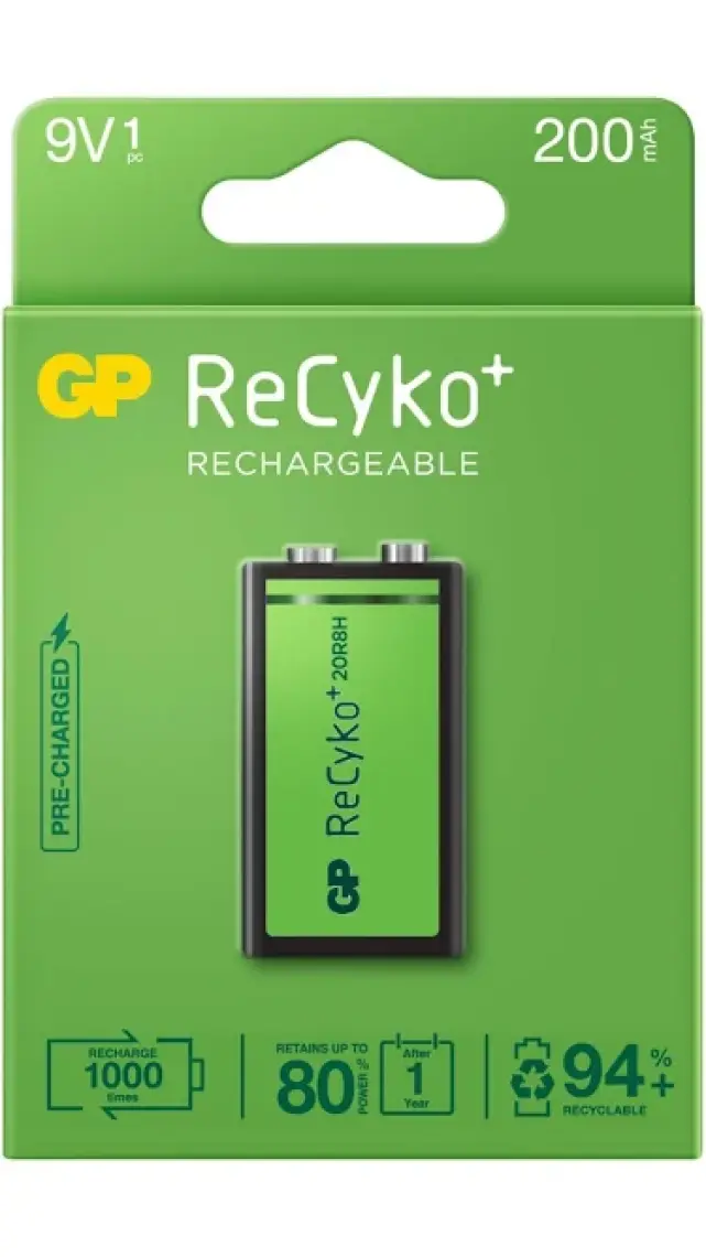 GP Batteries Gp Recyko 200 9V Boy Ni-Mh Şarjlı Pil 8.4 Volt Tekli Kart