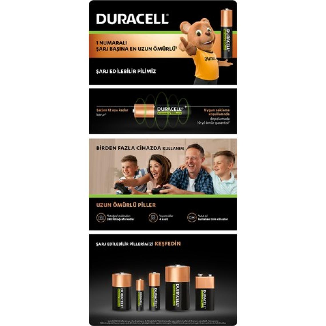 Duracell Şarj Edilebilir AAA Pil (2'li Paket), 900 mAh NiMH, önceden şarj edilmiş, 1 Numaralı En Uzun Ömürlü Şarj Edilebilir pilimiz