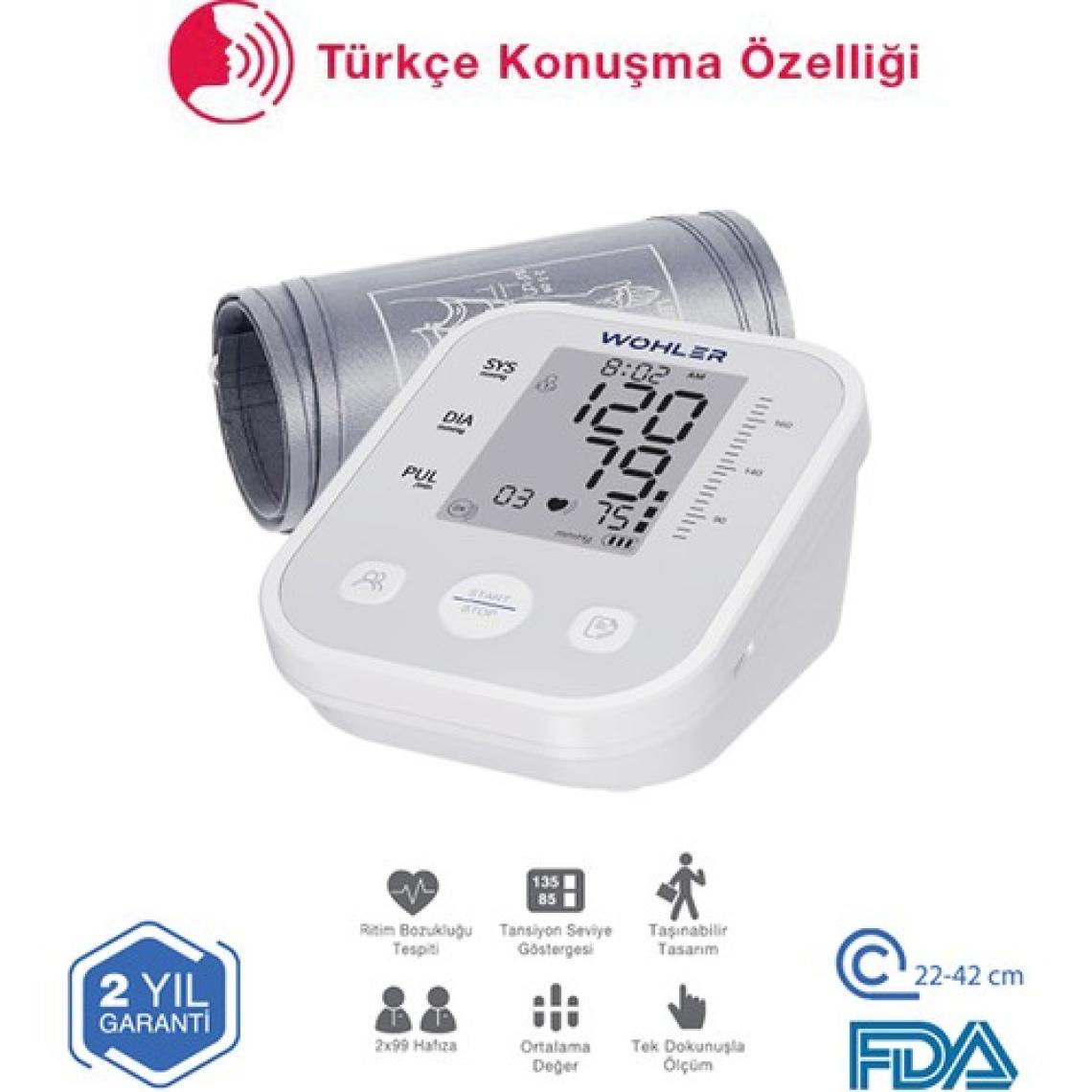 Wohler Konuşan Üst Koldan Ölçer Dijital Tansiyon Aleti , Nabız Ölçer, Usb Girişli , 99 Ölçüm Hafıza Çantalı