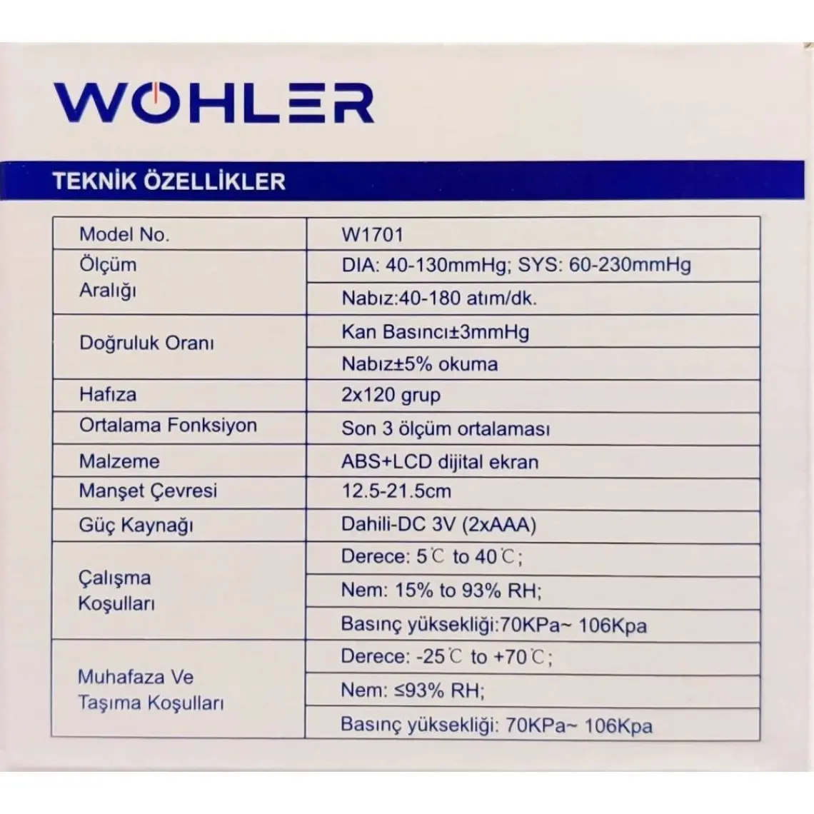 Wohler Bilekten Ölçer Dijital Tansiyon Aleti , Nabız Ölçer , 2 x 120 Ölçüm Hafıza , Saklama Kutulu