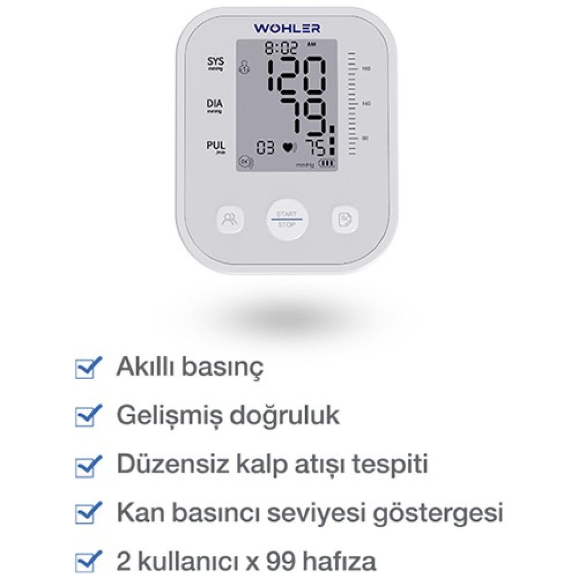 Wohler Üst Koldan Ölçer Dijital Tansiyon Aleti Nabız Ölçer USB Girişli 99 Ölçüm Hafıza Çantalı