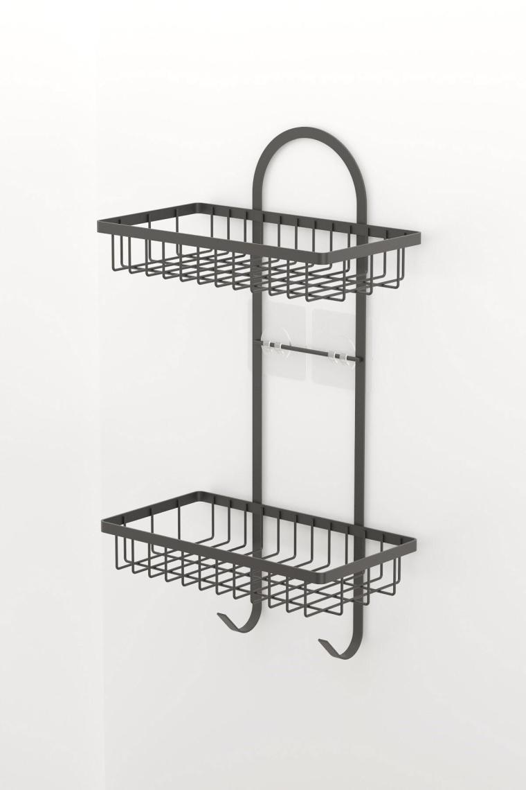 Teknotel Yapışkanlı Iki Katlı Kancalı Banyo Rafı Mat Siyah St308