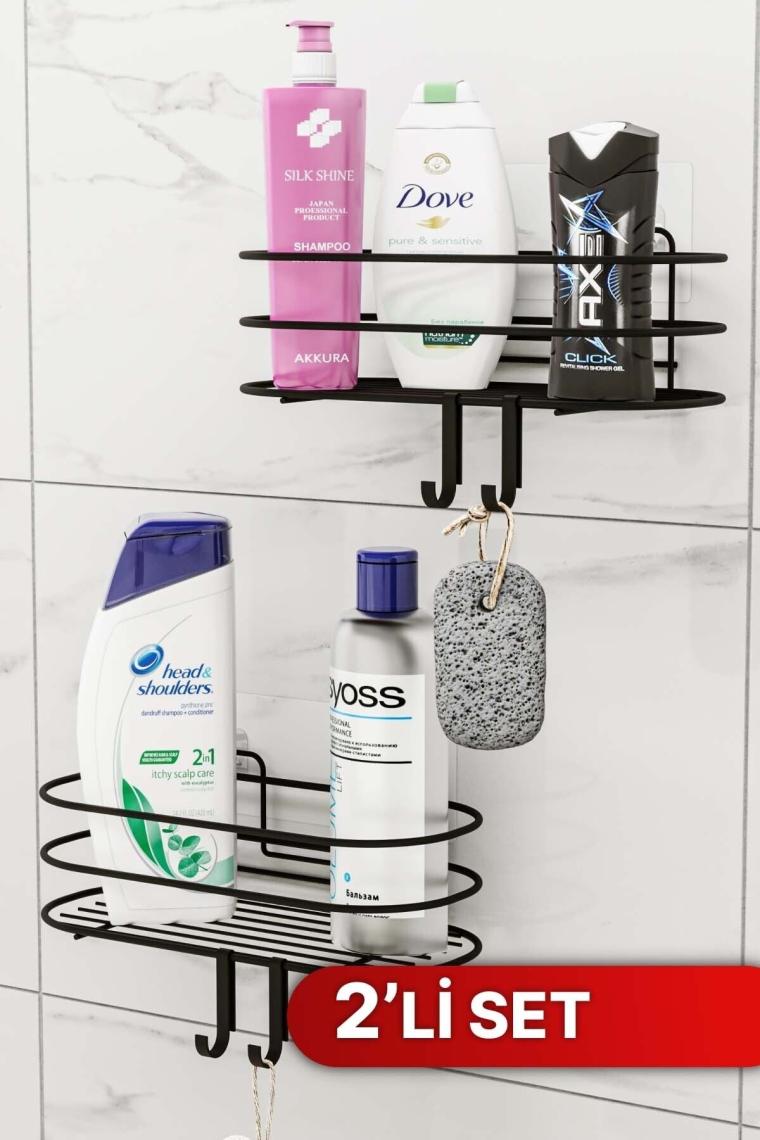 Banyo Düzenleyici Şampuanlık Sabunluk 2li Set Yapışkanlı 4 Askılı Duş Rafı Paslanmaz Organizer