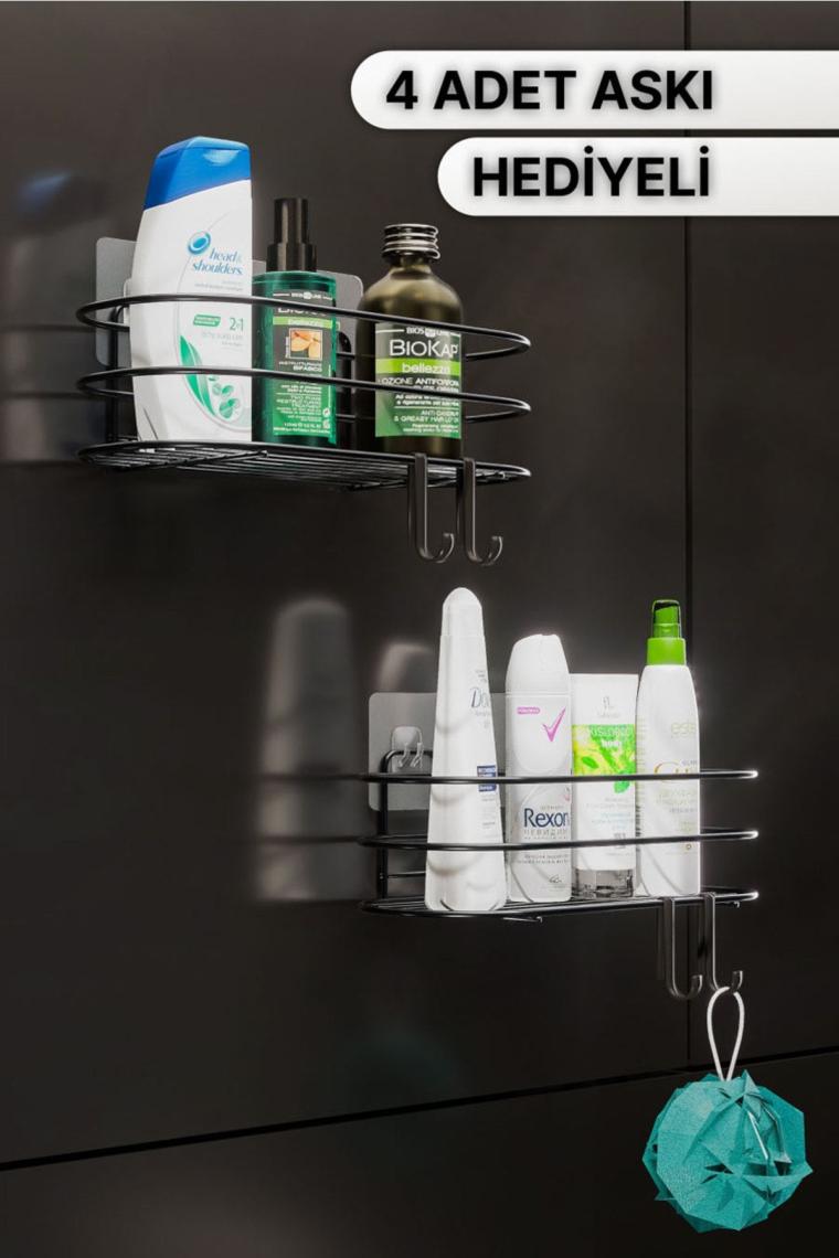 Banyo Düzenleyici Şampuanlık Sabunluk 2li Set Yapışkanlı 4 Askılı Duş Rafı Paslanmaz Organizer