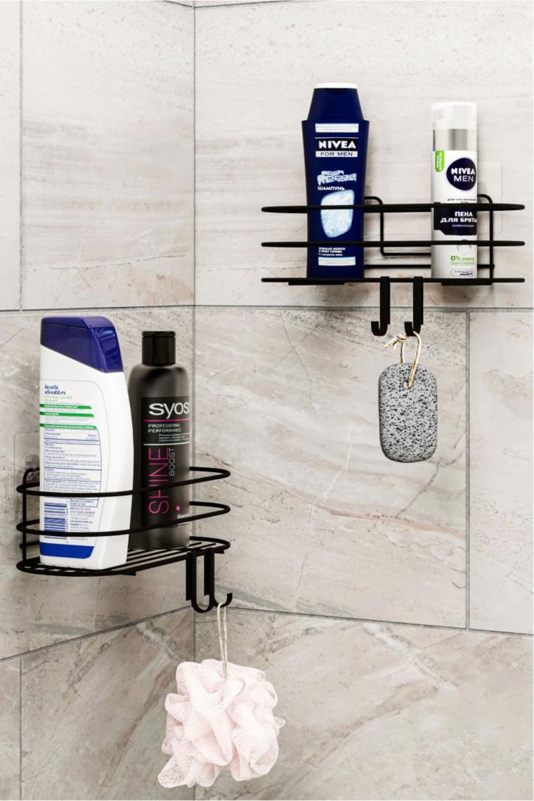 Banyo Düzenleyici Şampuanlık Sabunluk 2li Set Yapışkanlı 4 Askılı Duş Rafı Paslanmaz Organizer