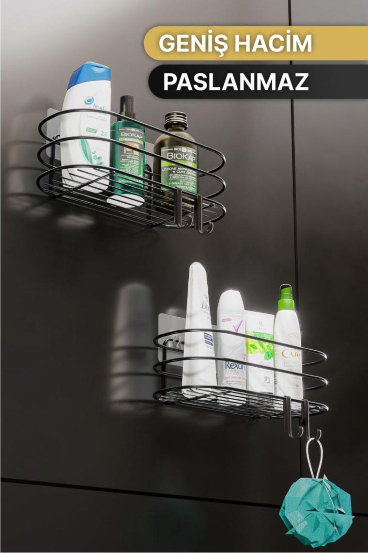 Banyo Düzenleyici Şampuanlık Sabunluk 2li Set Yapışkanlı 4 Askılı Duş Rafı Paslanmaz Organizer
