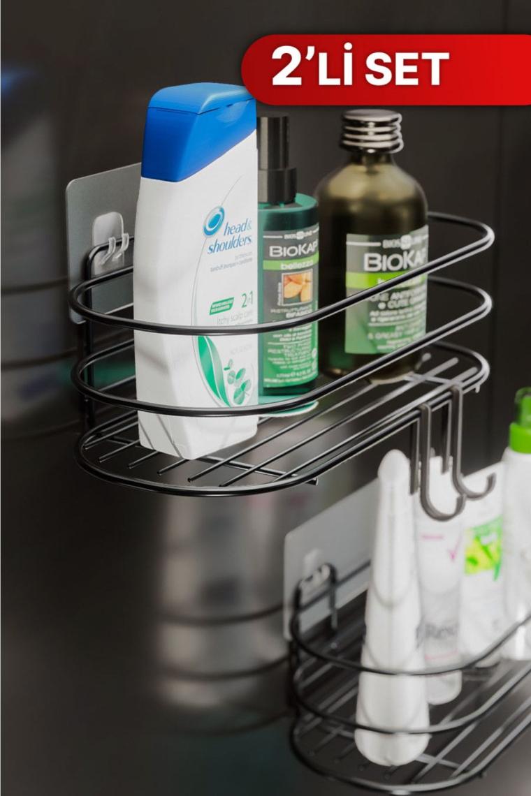 Banyo Düzenleyici Şampuanlık Sabunluk 2li Set Yapışkanlı 4 Askılı Duş Rafı Paslanmaz Organizer