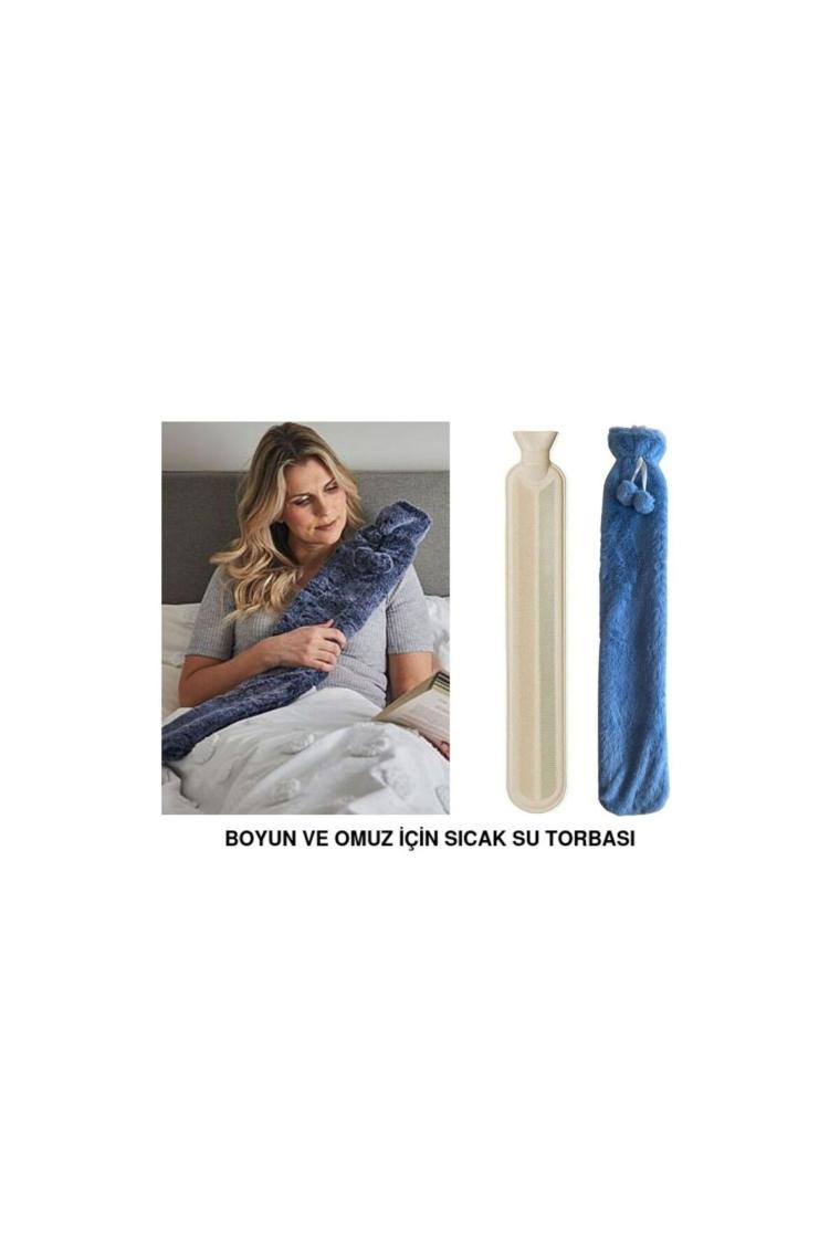 Bosphorus Sıcak Su Torbası Boyun ve Omuz Icın  Uzun Peluş Mavi Ponponlu 2lt Termofor 75X13CM