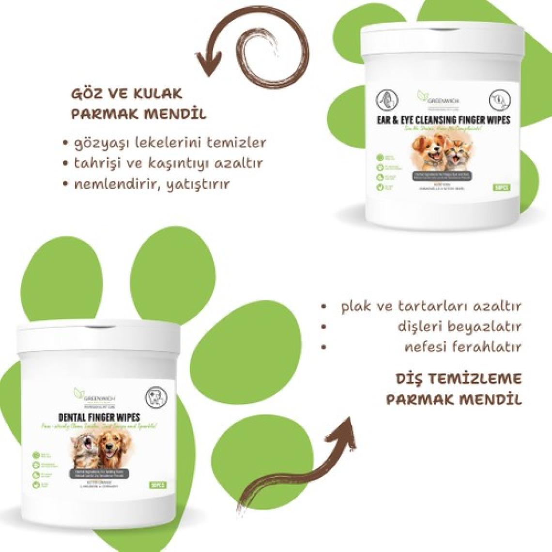 Greenwich Diş Göz Kulak Temizleme Parmak Mendil Hijyenik Islak Mendil Seti Vegan Bitkisel Içerikli Kedi Köpek 50 Adet*2