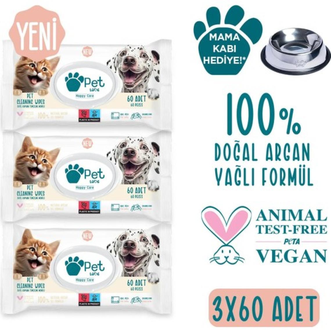 Pet Love Kediler ve Köpekler İçin Temizleme Mendili 3X60 Adet 100% Doğal Argan Yağlı
