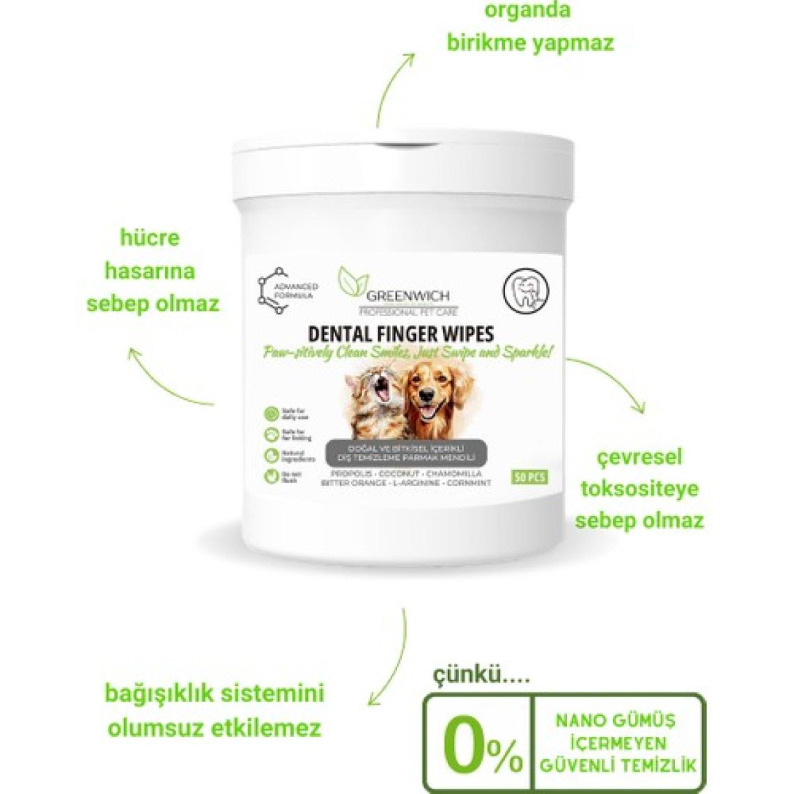 Greenwich Vegan Bitkisel İçerikli Kedi Köpek Diş Temizleme Islak Hijyenik Parmak Mendil 50 Adet