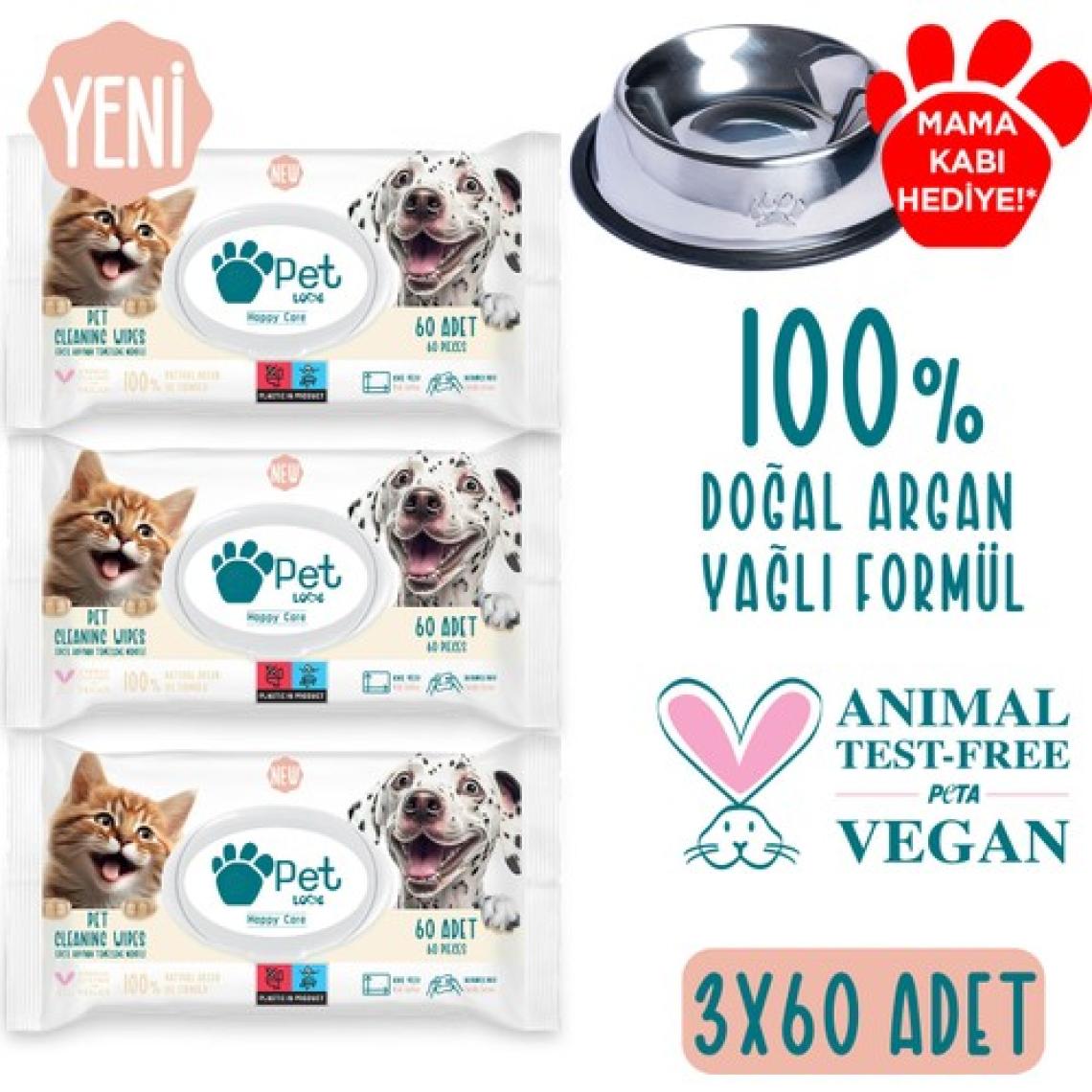 Pet Love Kediler ve Köpekler İçin Temizleme Mendili 3X60 Adet 100% Doğal Argan Yağlı