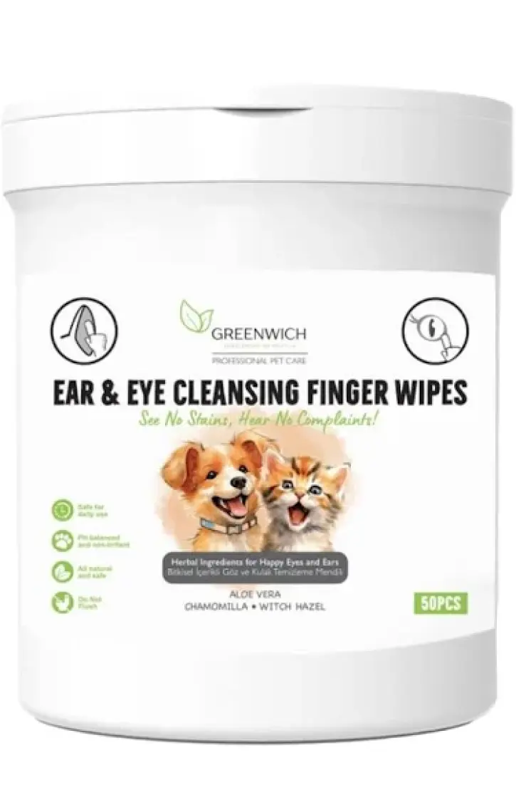 Greenwich Göz Kulak Temizleme Parmak Mendil Tahriş Giderici Hijyenik Islak Mendil Kedi Köpek Vegan Bitkisel Içerikli 50 Adet