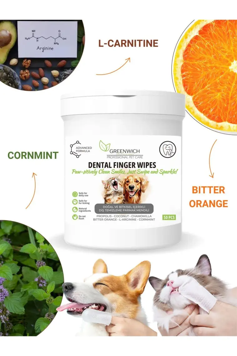 Greenwich Vegan Bitkisel İçerikli Kedi Köpek Diş Temizleme Islak Hijyenik Parmak Mendil 50 Adet