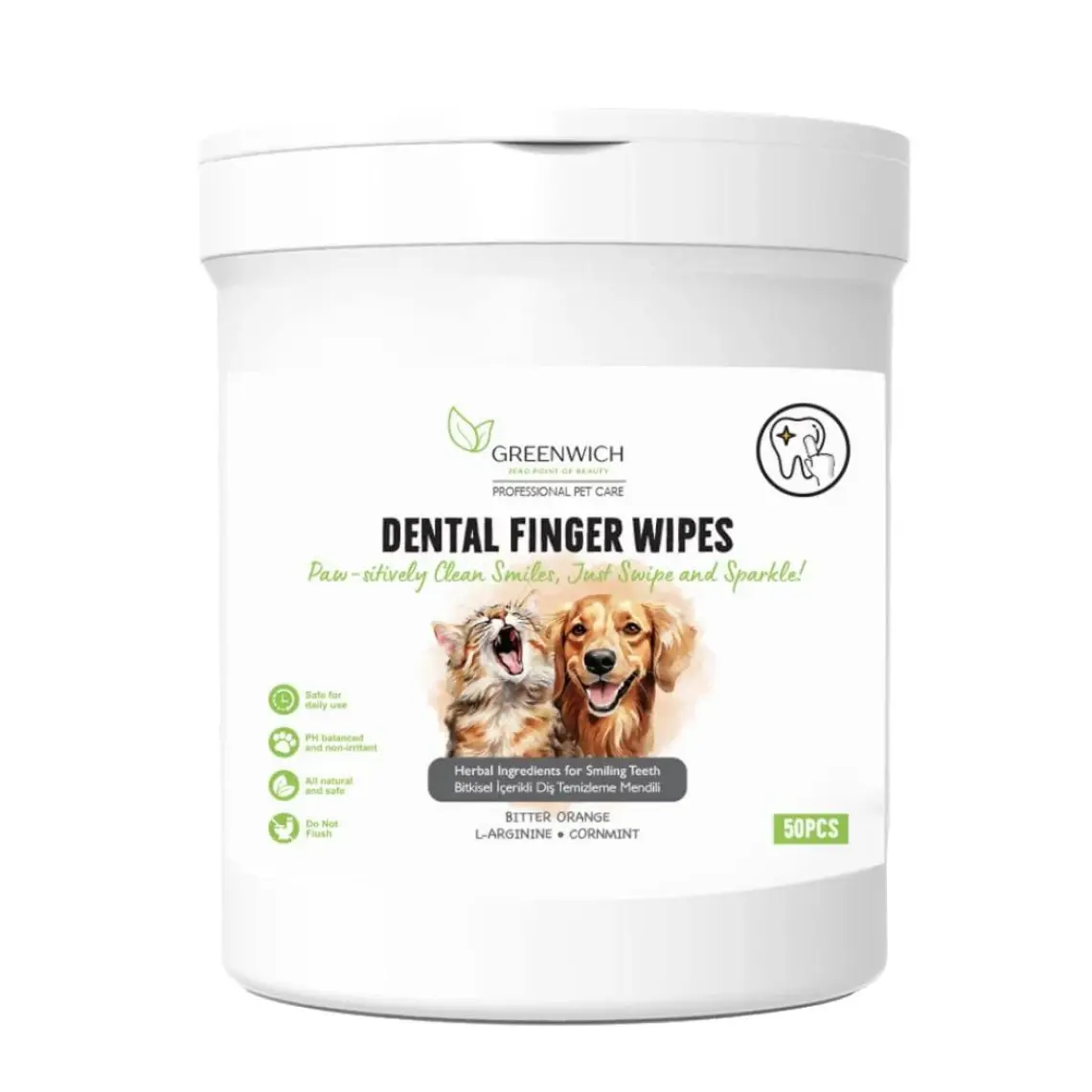 Greenwich Vegan Bitkisel İçerikli Kedi Köpek Diş Temizleme Islak Hijyenik Parmak Mendil 50 Adet